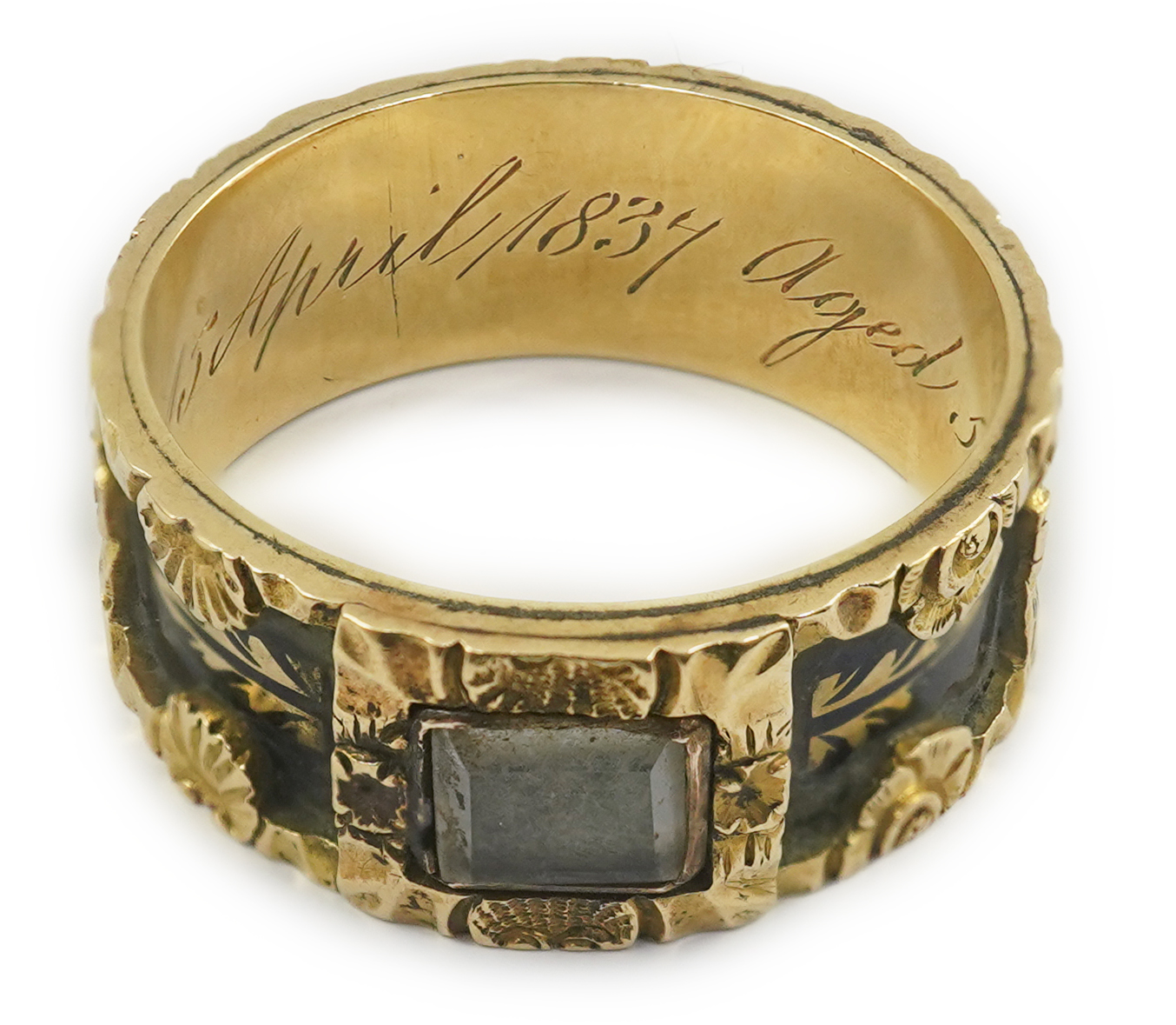 An early Victorian 18ct gold and black enamel initial mourning band